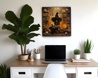African American witch and cat in library painting, modern Witch Aesthetic hand painted, printed or digital print