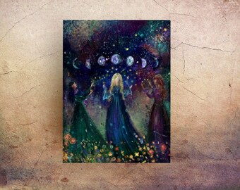 COVEN Art print  from my original witch painting - Moon circle - coven sisters witch faerie Moon - Halloween - goddesses art print -