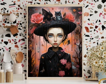 Surrealistyczne mistyczne kapryśne stworzenia malarstwo czarownice dekoracja ścienna, okultystyczna estetyka, przerażający gotycki wystrój sztuka malarstwo wydruk