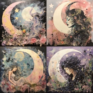 WITCH painting moon and forest texture digital paper art print bundle, Witchy 8  paper POD CLIP Art