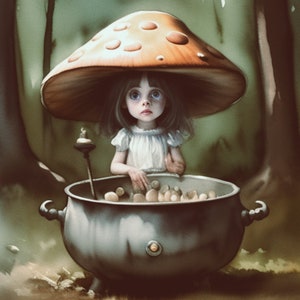Mystical whimsical Mushroom girl Art print, digital art print from my witchy art