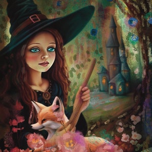 May include: A digital illustration of a young witch with long auburn hair, wearing a black hat and dress, holding a wand. A fox rests beside her, surrounded by pink flowers. A castle is in the background.