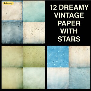 Whimsical  VINTAGE PAPER with stars digital, 12 printable commercial use vintage cute paper in blue green bundle