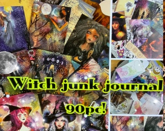 May include: A collage of colorful images featuring witches, moons, and stars. The text "Witch junk journal 90pc!" is visible in the center of the image.
