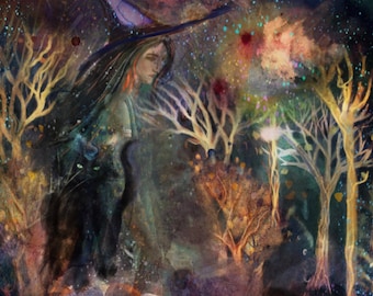 The witch in the forest print -  witch Art print from my original painting - witch Moon print - Halloween witch - witchy print - moon print