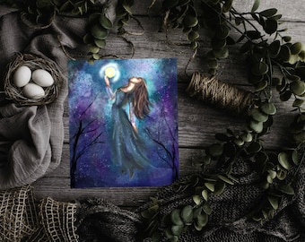 Lewitująca czarownica wydruk - czarownica Wydruk artystyczny z mojego oryginalnego obrazu - czarownica Wydruk księżycowy - Halloween czarownica - wydruk czarownicy - wydruk księżyca