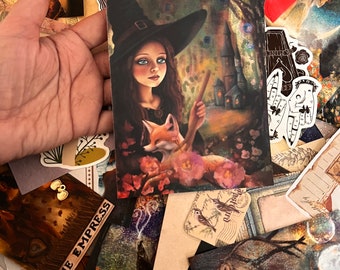 May include: A witch with long brown hair and a black hat stands in a forest with a fox. The witch is holding a wand and the fox is looking at the viewer. The background is a forest with a castle in the distance.
