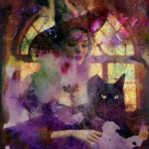 Witch watercolor oil Black cat and witch digital print of my artwork