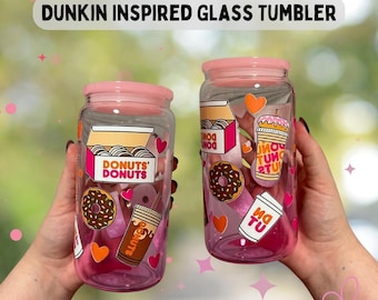 Dunkin Inspired Glass Tumbler with Straw – Donuts & Coffee Design
