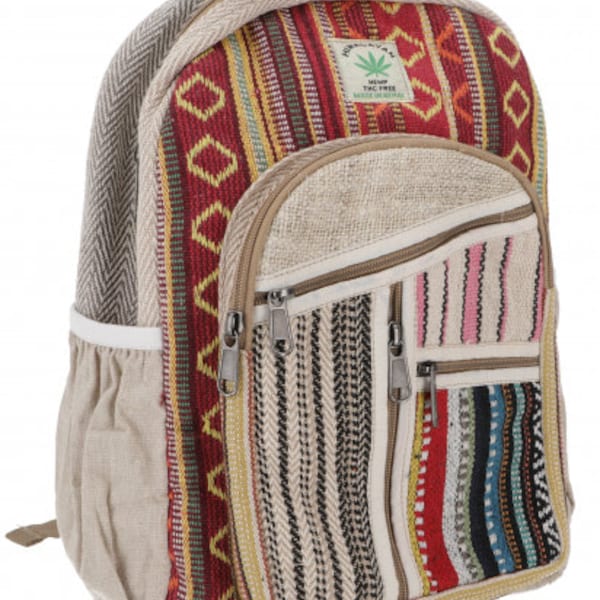 Bunter Bohi Eco Ethno Hanf Rucksack - beige/rot - 35x24x15 cm