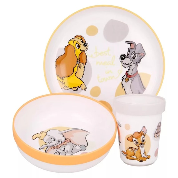 Juego de vajilla infantil Disney de 3 platos, tazas, cuencos, Dumbo, Bambi,  Susi y el Vagabundo.