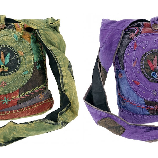 Batik Sadhu Bag, Hippie Tasche, Goa Schulterbeutel - grün/ Lila - 35x35x25 cm   | Vintage  Hippie Goa Bag Nepal Sling Festival-