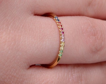Rainbow solid gold band with sapphires, Ombre  sapphire ring, Multi colour sapphire ring Rainbow sapphire ring, Unique Gift for her 1.25mm
