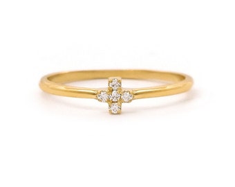 Dainty diamond cross ring in solid gold, Tiny Cross for Women, Religious Diamond Ring, Protection ring with diamonds, Sparkly diamond cross