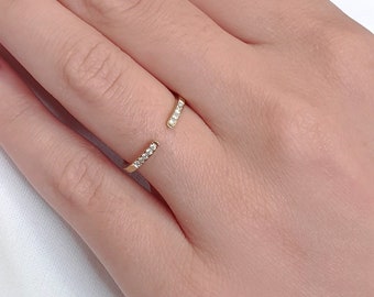 Open diamond ring in solid gold, Diamond solid gold band for women, Stacking diamond ring,  Black diamond ring guard, Gift for her  1.6mm