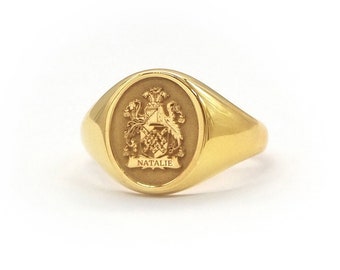 Aangepaste zegelring in massief goud, gouden wapenring voor familiecadeau, massief gouden ring voor vrouwen, gepersonaliseerd cadeau RN 345 full-back