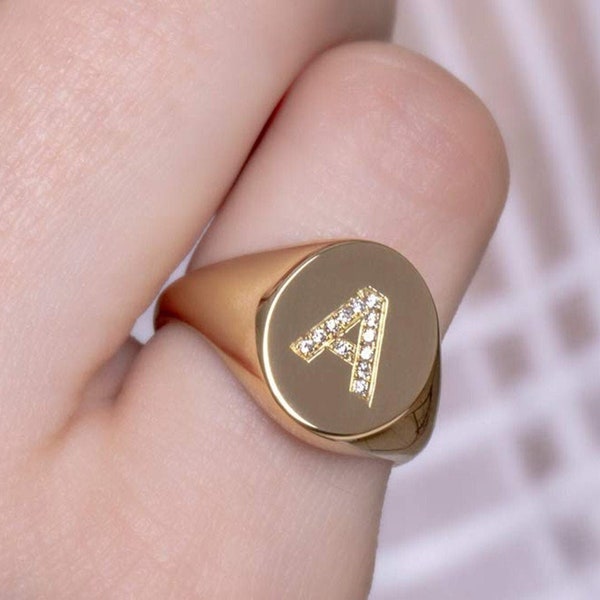 Solid gold signet ring with diamonds, Diamond initial ring in solid gold, Any letter diamond ring in gold, Anniversary Romantic gift RN345-1