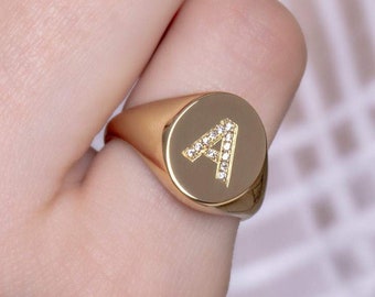 Solid gold signet ring with diamonds, Diamond initial ring in solid gold, Any letter diamond ring in gold, Anniversary Romantic gift RN345-1