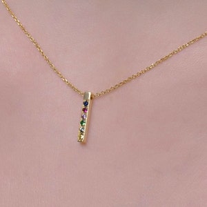 Rainbow square bar necklace with multicolour sapphires, Dainty rainbow necklace with Multi sapphires, Solid gold necklace, unique  Gift