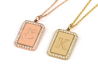 Rectangle initial diamond  necklace in solid gold, Unique Diamond Monogram necklace, Solid gold personalized gift, Unique gift for her