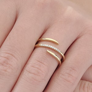 Open triple diamond ring made of solid gold, Handmade diamond band in solid gold, Minimalist wire ring with black diamonds  Anniversary gift