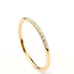 Dainty round ring in solid gold with 11 diamonds, Ultra thin diamond  band for her, Black diamond thin ring, Skinny ring 1.10mm gift for her