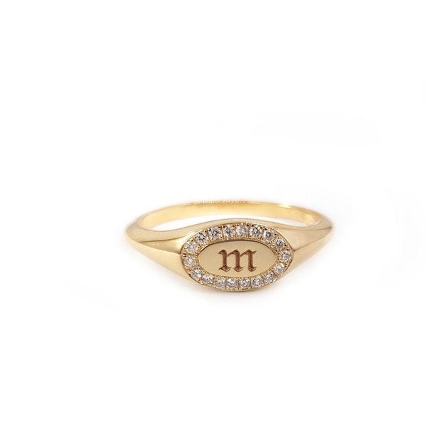 Oval shaped signet ring made of solid gold, Dainty diamond ring in solid gold, Pinky finger diamond ring in  gold, Anniversary gift  RN300-1