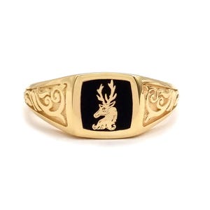 14k Classic Signet Ring for Women, Family Crest Solid Gold Enamel Pinky Ring, Antique Signet, Goldsmith Custom Made, Old English Monogram