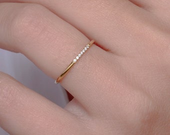 Dainty round ring in solid gold with 7  diamonds, Ultra thin diamond  band for her, Black diamond thin ring, Skinny ring 1.10mm Best friend