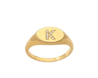 Anillo de sello personalizado hecho de oro macizo Anillo de diamantes delicado en oro macizo Anillo de diamantes de dedo meñique en oro Regalo de aniversario RN390-1
