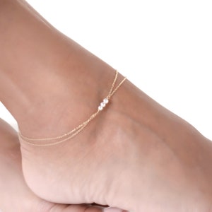 Solid gold anklet with pearls  Unique pearl foot bracelet for women  Solid gold body chain Bridesmaids anklet  Boho Summer jewelry Gift 3mm