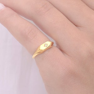 Small Hexagon diamond compass ring Diamond signet ring in solid gold Star diamond  gold ring Unique Anniversary gift Romantic ring,  RN373-1