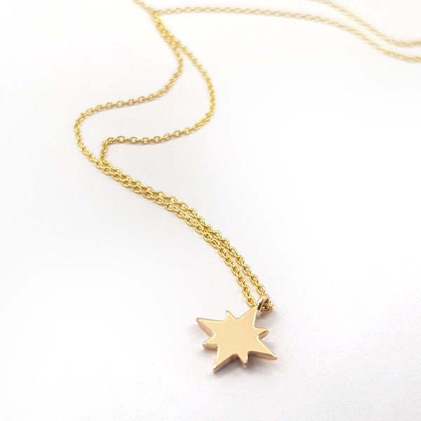 Collar Northstar en oro macizo, collar de estrella celestial para mujer, encanto de estrella de oro macizo delicado, collar Starburst en capas para todos los días