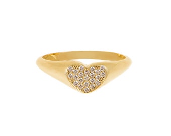 Small  heart ring in solid gold with natural diamonds, Signet ring with diamonds, Dainty heart ring, Anniversary gift, Unique gift for her