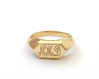 Large Hexagon signet ring with any monogram engraved, Personalised gold ring with any letter, Unique gift,  Personalized ring RN372