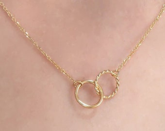 Double Circle Eternity necklace in solid gold, Twisted interlocking circles necklace in 9k,14k,&18k, Entwined Circles, Best friend gift