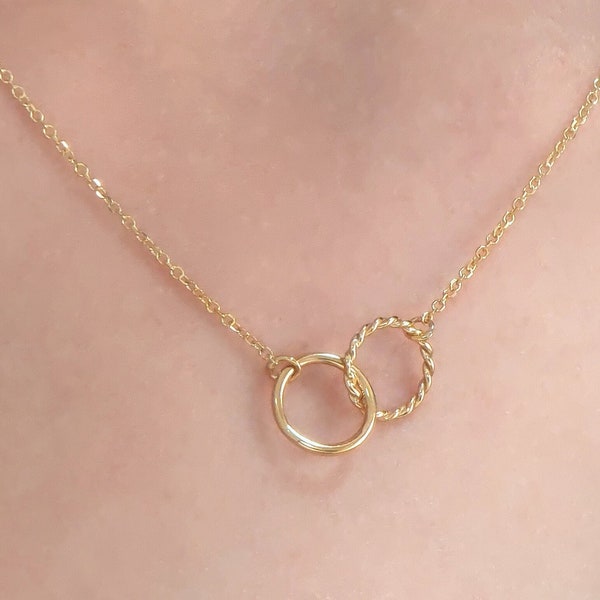 Collier éternité double cercle en or massif, collier cercles torsadés entrelacés en 9 carats, 14 carats et 18 carats, cercles entrelacés, cadeau du meilleur ami