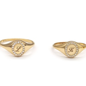 Small oval solid gold signet ring with diamonds, Dainty diamond frame ring in gold, Any letter diamond ring in gold,  gift hor her, RN370-1