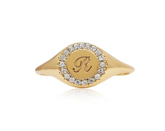 Dainty round diamond signet ring in gold, Small solid gold initial ring with diamonds, Any letter diamond ring ,  gift hor her, RN368-2