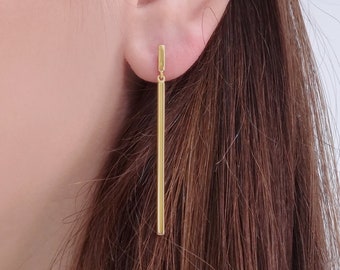 Solid gold dangle bar earrings, Handmade long Bar drop Earrings, Light Dangling Geometric Earrings,  Minimal Everyday earrings, Gift for her