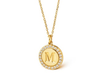 Small round initial diamond disc necklace in solid gold, Diamond Monogram necklace, Solid gold personalized gift, Unique Customised gift