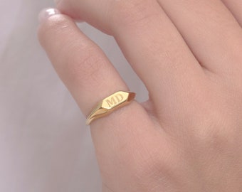 Small Hexagon signet ring in solid gold with custom engraved initials, Monogram engraved signet ring, Unique gift,  Personalized ring  RN373