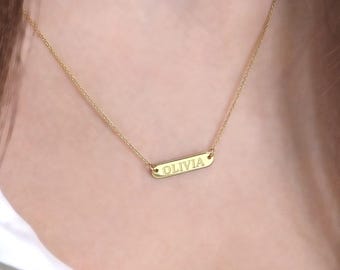 Handmade small engraved tag necklace, Solid gold personalized tag: Name, Date, Initial