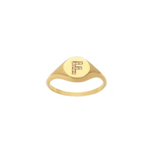 Small solid gold signet ring with diamonds, Dainty diamond initial ring in gold, Any letter diamond ring in gold,  gift hor her, RN368-1