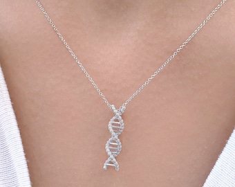 Solid gold science necklace with DNA Molecule Biology Chemistry Charm  Statement double helix gold necklace  Science symbol  Graduation gift