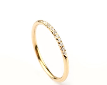 Dainty round ring in solid gold with 11 diamonds, Ultra thin diamond  band for her, Black diamond thin ring, Skinny ring 1.10mm gift for her