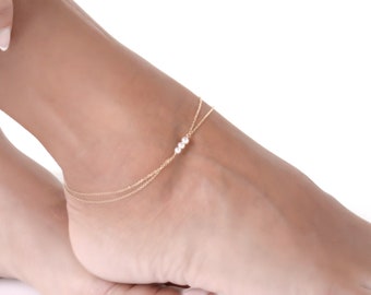 Solid gold anklet with pearls  Unique pearl foot bracelet for women  Solid gold body chain Bridesmaids anklet  Boho Summer jewelry Gift 3mm