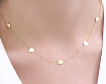 Five tiny disc necklace in solid gold, Dainty coin necklace,  Layering necklace with 5 disc, Gold circle choker, Unique gift for her