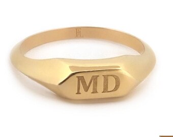Solid Gold Hexagon Signet Ring, Custom Engraved Monogram