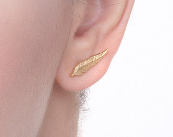 Handmade feather earrings in solid gold, Dainty leaf stud earring, Everyday minimalist jewellery, Gold feather earrings, Boho style Earrings